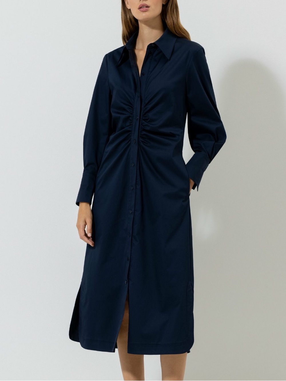 Luisa Cerano NEW Navy Ruched Waist Cotton Stretch Midi Shirt Dress Sz 14 Pockets